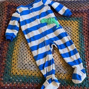 Simple Blue and Gray Striped Footie with Dinosaur